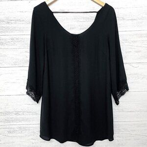 ASTR Women's Black Tunic Top Lined Crochet Trim 3/4 Sleeves style AD100901 Large